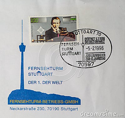 GERMANY - CIRCA 1995: the postal stamp shows a portrait of Guglielmo Marconi on the occasion of 100 years of radio. the stamp has Editorial Stock Photo