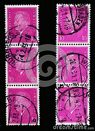 GERMANY - CIRCA 1930: postage stamp 10 German Reichspfening printed by Germany, shows portrait of Friedrich Ebert Editorial Stock Photo