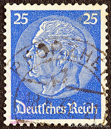 GERMANY - CIRCA 1933: A stamp printed in Germany shows President Paul von Hindenburg, circa 1933. Editorial Stock Photo