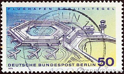 GERMANY - CIRCA 1974: A stamp printed in Germany shows Berlin-Tegel Airport, circa 1974. Editorial Stock Photo