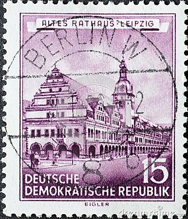 GERMANY, DDR - CIRCA 1955 : a postage stamp from Germany, GDR showing a drawing of the old town hall in Leipzig. Restored histori Editorial Stock Photo