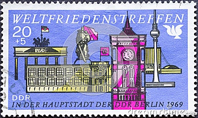 GERMANY, DDR - CIRCA 1969: a postage stamp from Germany, GDR showing historical buildings in Berlin for the World Peace Meeting Editorial Stock Photo