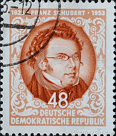 GERMANY, DDR - CIRCA 1953 : a postage stamp from Germany, GDR showing a portrait of Franz Schubert, Austrian composer. For the 125 Editorial Stock Photo