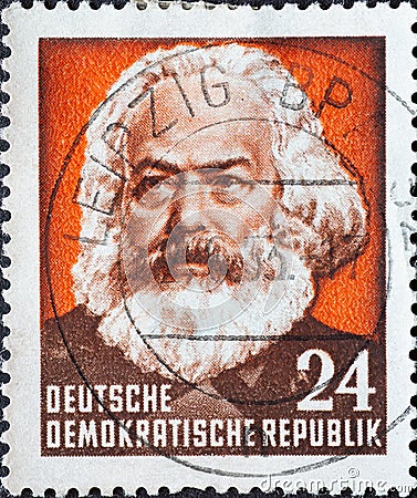 GERMANY, DDR - CIRCA 1953 : a postage stamp from Germany, GDR showing a portrait of Karl Marx, philosopher and economist. On the 7 Editorial Stock Photo