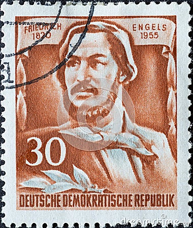 GERMANY, DDR - CIRCA 1955 : a postage stamp from Germany, GDR showing a portrait of the publicist and socialist Friedrich Engels, Editorial Stock Photo