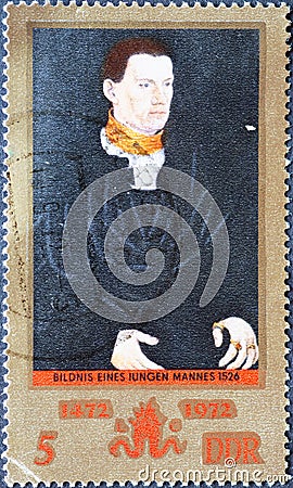 GERMANY, DDR - CIRCA 1972: a postage stamp from Germany, GDR showing a portrait of a young man by painter, graphic artist and prin Editorial Stock Photo