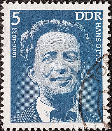 GERMANY, DDR - CIRCA 1975 : a postage stamp from Germany, GDR showing a portrait of the actor Hans Otto. Great personality Editorial Stock Photo