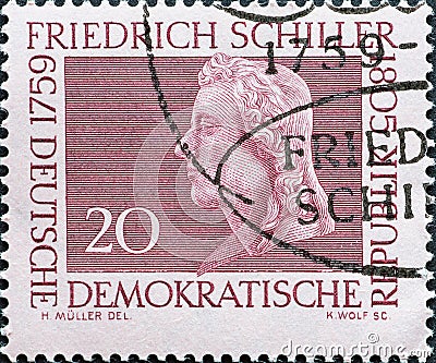 GERMANY, DDR - CIRCA 1959 : a postage stamp from Germany, GDR showing the portrait of the poet Friedrich Schiller 1759â€“1805 in W Editorial Stock Photo