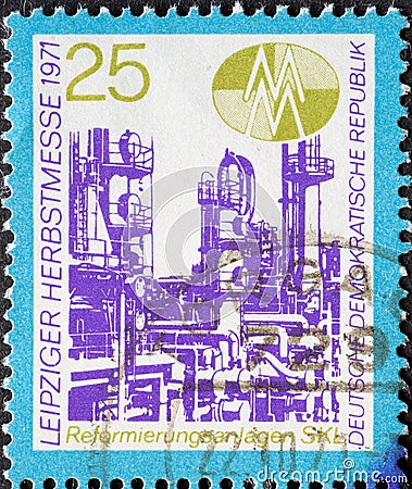 GERMANY, DDR - CIRCA 1971: a postage stamp from Germany, GDR showing a reforming plant SKL, Leipzig autumn fair Editorial Stock Photo