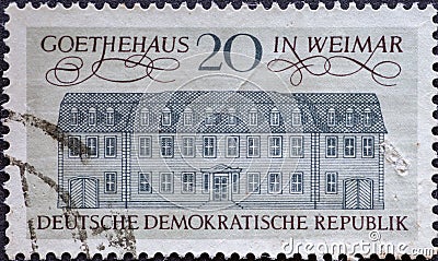 GERMANY, DDR - CIRCA 1967: a postage stamp from Germany, GDR showing a site of humanism the historic building of the Goethehaus in Editorial Stock Photo