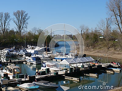 Bay of the river Rhine with a leisure harbor, called the paradise harbor. Editorial Stock Photo