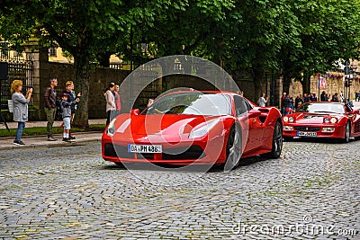 GERMANY, FULDA - JUL 2019: red FERRARI 488 coupe Type F142M is a mid-engine sports car produced by the Italian automobile Editorial Stock Photo