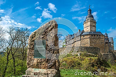 GERMANY. HARZ. Castle Falkenstein with memory plate for medieval administrator Repgow Stock Photo