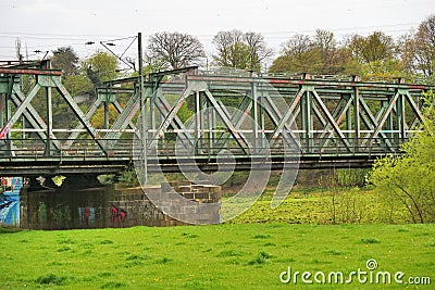 Railway bridge built from a steel structure over the river Ruhr of the connection Editorial Stock Photo