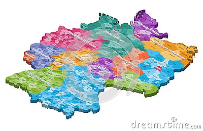 Germany isometric map colored by states and administrative districts, with inscriptions Vector Illustration