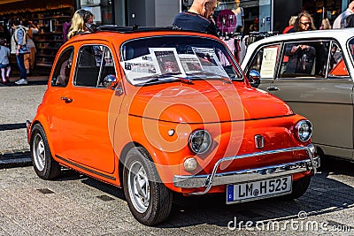 GERMANY, LIMBURG - APR 2017: red orange FIAT 500 L 1967 in Limburg an der Lahn, Hesse, Germany Editorial Stock Photo