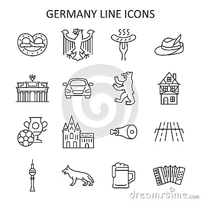 Germany line icon set. Vector collection symbol with coat of arms, sausage, car, fachwerk house, soccer ball, mug of beer, Vector Illustration