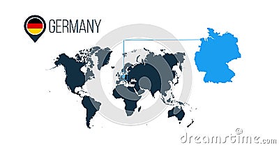 Germany location modern vector map for infographics. All world countries without names. Germany round flag in the map pin or Cartoon Illustration