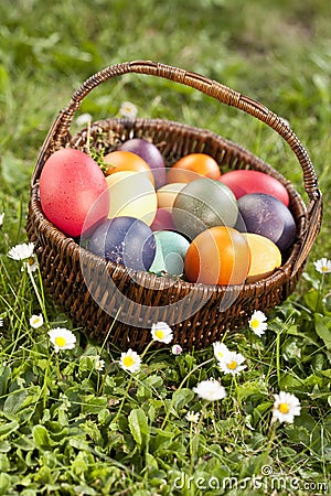 Germany, Lower Bavaria, Variety of Easter eggs in basket on grass Stock Photo