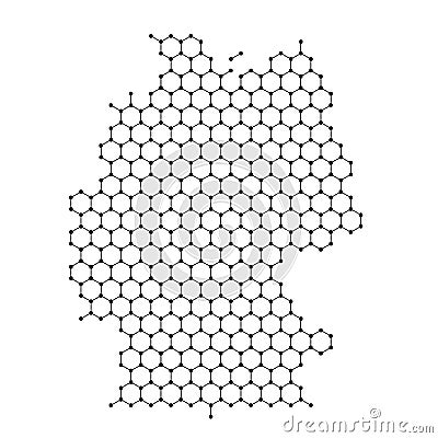 Germany map from abstract futuristic hexagonal shapes, lines, points black, in the form of honeycomb or molecular structure. Cartoon Illustration