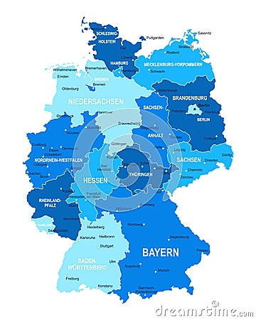Germany map. Cities, regions. Vector Cartoon Illustration