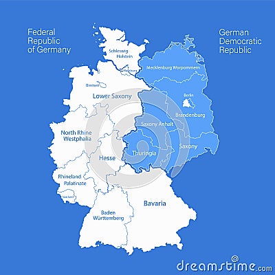 Germany map divided on West and East map, administrative divisions whit names regions, blue background Vector Illustration