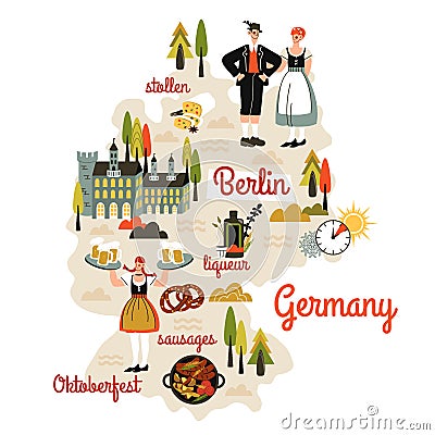 Germany map hand drawn in cartoon style. People in national dress, tourist attractions, cultural landmarks, architecture, Vector Illustration