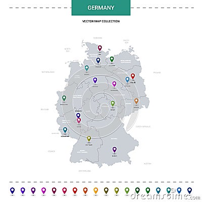 Germany map with location pointer marks. Vector Illustration