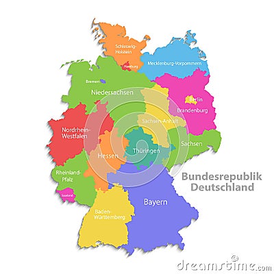 Germany map, new political detailed map, separate individual regions, with state names, isolated on white background 3D Vector Illustration