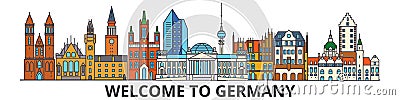 Germany outline skyline, german flat thin line icons, landmarks, illustrations. Germany cityscape, german travel city Vector Illustration