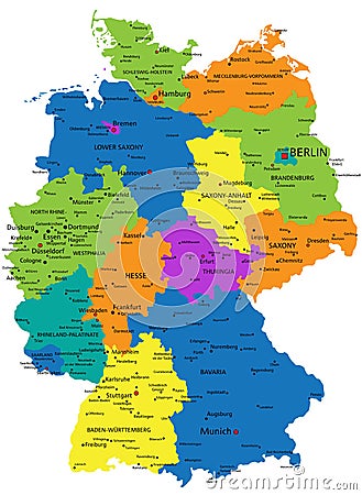 Colorful Germany political map with clearly labeled, separated layers. Vector Illustration