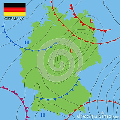 Germany. Realistic synoptic map of the Germany showing isobars and weather fronts. Meteorological forecast. Map country with Cartoon Illustration