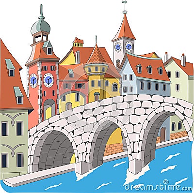 Germany. Regensburg. The old bridge on the background of the old city. Vector Illustration