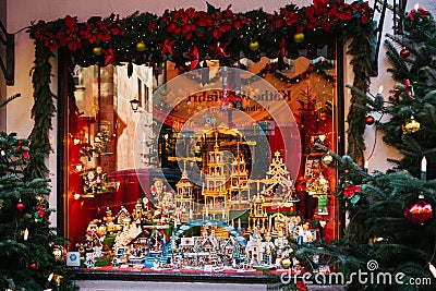 Germany, Rothenburg ob der Tauber, December 30, 2017: Storefront. Kathe Wohlfahrt Christmas decorations and toy shop. A Editorial Stock Photo