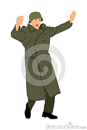 Germany soldier surrender with raised hands in height vector illustration. Occupier officer in battle defeated soldiers surrender Cartoon Illustration