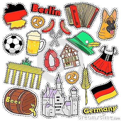 Germany Travel Scrapbook Stickers, Patches, Badges for Prints with Sausage, Flag, Architecture and German Elements Vector Illustration