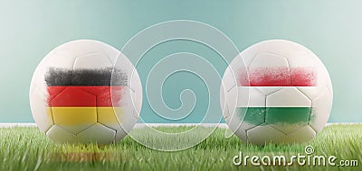 Germany vs Hungary football match infographic template for Euro 2024 matchday scoreline announcement. Two soccer balls with Cartoon Illustration