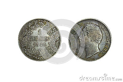 Germany Wurttemberg silver coin 1 gulden 1845, head of William I, denomination, date within oak wreath Stock Photo