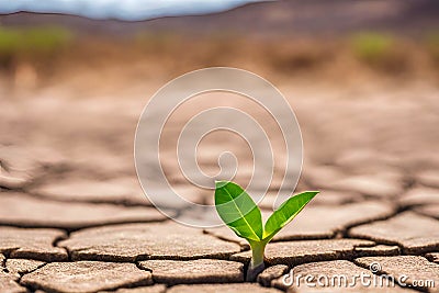 Germinating green plant in cracked arid land, blurred background. Stock Photo