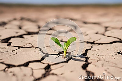 Germinating green plant in cracked arid land, blurred background. Stock Photo