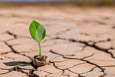 Germinating green plant in cracked arid land, blurred background. Stock Photo