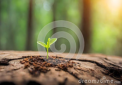 Germinating green plant on a cut tree trunk, blurred background. Stock Photo