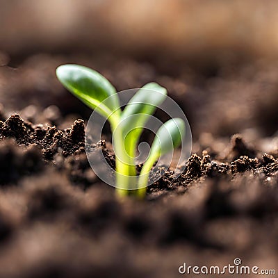 Germinating green plant on earth, blurred background. Stock Photo