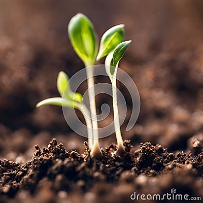 Germinating green plant on earth, blurred background. Stock Photo