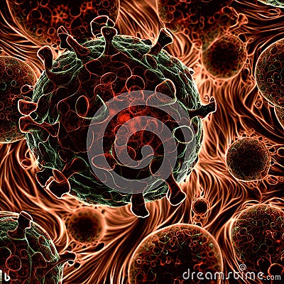 Germs microorganism cells under microscope. Viruses, bacteria and microbes 6 Cartoon Illustration