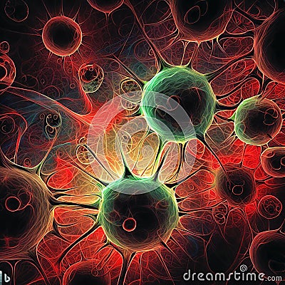 Germs microorganism cells under microscope. Viruses, bacteria and microbes 4 Cartoon Illustration