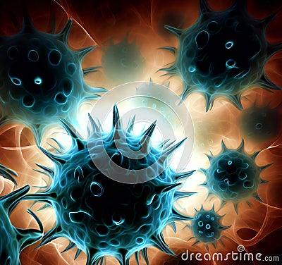 Germs microorganism cells under microscope. Viruses, bacteria and microbes 9 Cartoon Illustration