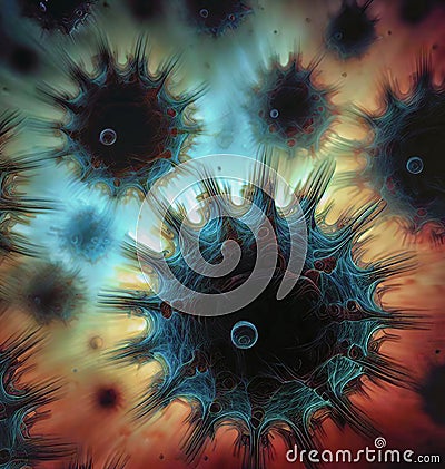 Germs microorganism cells under microscope. Viruses, bacteria and microbes 7 Cartoon Illustration