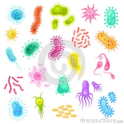 Germs set. Colorful flu virus cells biological microbes amoeba epidemiology bacteria disease germ flu cell science set Vector Illustration