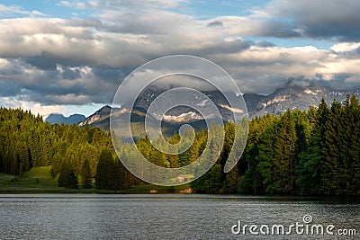 Geroldsee lake during evening sunset, Bavarian Alps, Bavaria, Germany. Stock Photo